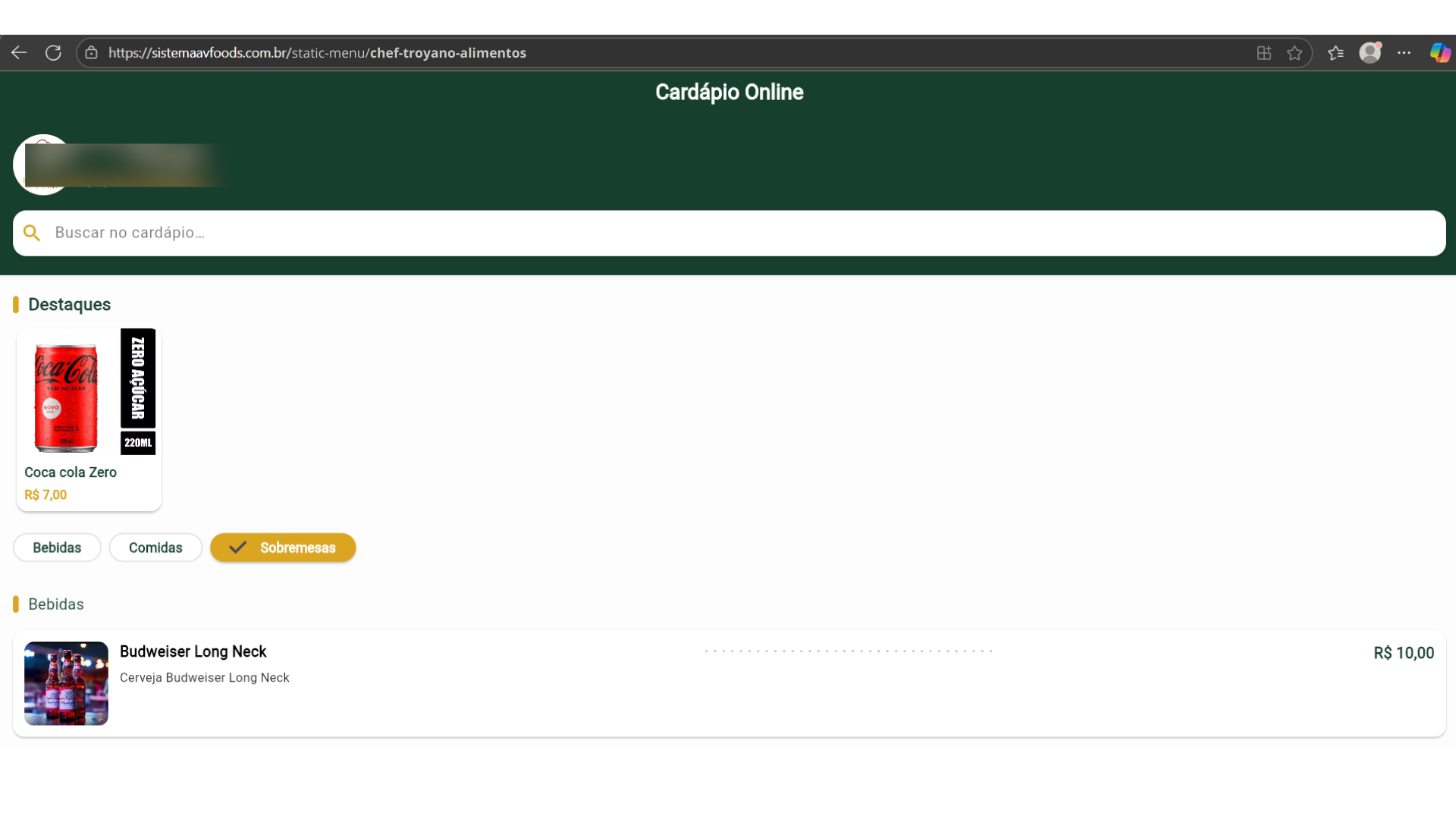 Layout Cardápio Online